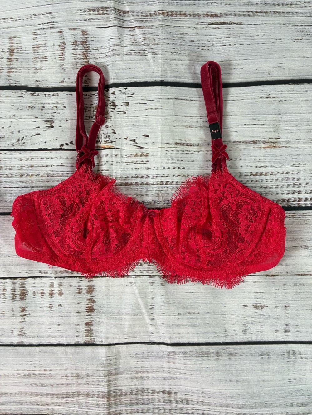 Victoria's Secret Dream Angels Lace Push Up No Padding Bra 34B Red Sheer Lace